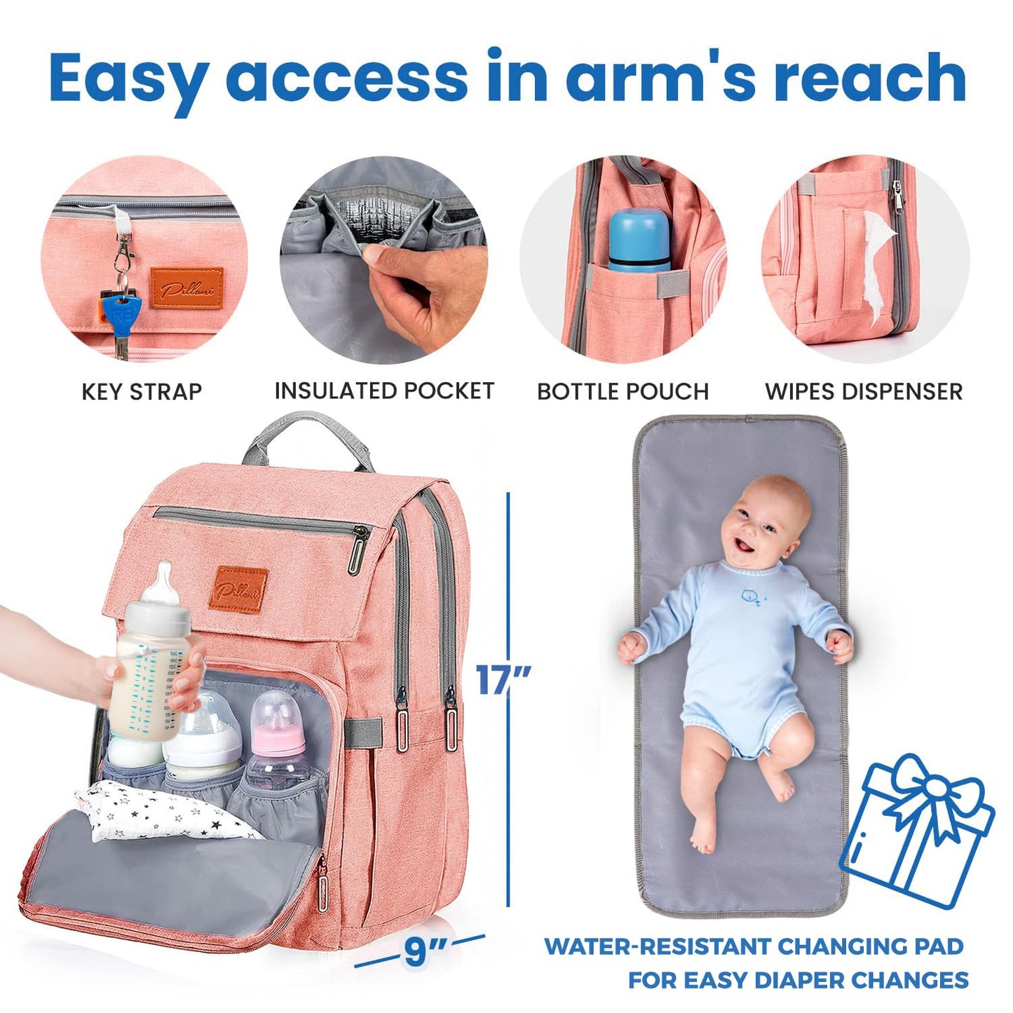 PILLANI Baby Diaper Bag Backpack - Baby Bag for Girls & Boys, Large Waterproof Toddler Diaper Backpack - Baby Shower Gifts & Registry Must Haves - Travel Diaper Bags with Changing Pad - Newborn Stuff
