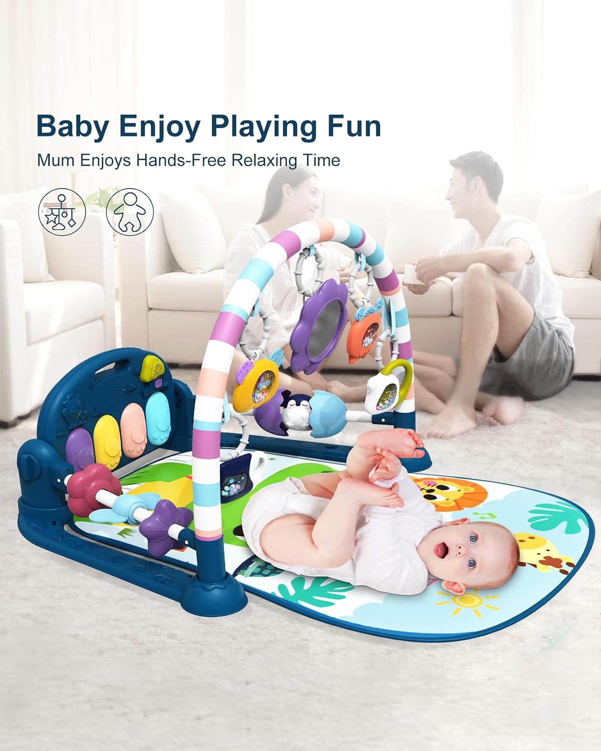 dearlomum Baby Play Mat Gym, Funny Play Piano Tummy Time Activity Mat with 5 Infant Sensory Toys, Music and Lights, Boy & Girl Gifts for Newborns 0 to 3 6 9 12 Months (Pink)