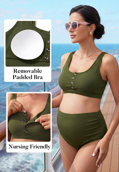 Zando High Waist Maternity Swimsuit Two Piece Pregnancy Swimwear Bikini Bathing Suits for Women Maternity Swimsuits