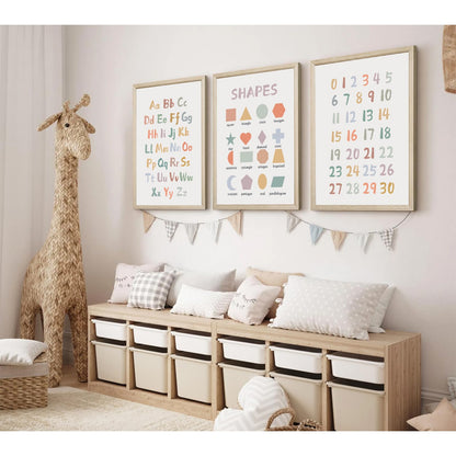 Kids Playroom Wall Art Decor Nursery ABC Alphabet Poster Play Room Canvas Wall Decor Toddler Childrens Educational Artwork Numbers Shapes Prints ABC Picture for Playroom 12x16 Inch Unframed Set of 3
