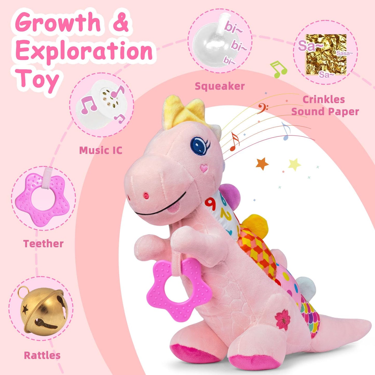 Baby Dino Plush Soft Stuffed Animal Toy for 0-3-6-12+ Months,Infant Musical Toy with Rattle,Squeaker,Sensory Crinkle,Teether & Textures,Tummy Time Toys Christmas Baby Gift for Newborn Girl Boy (Blue)