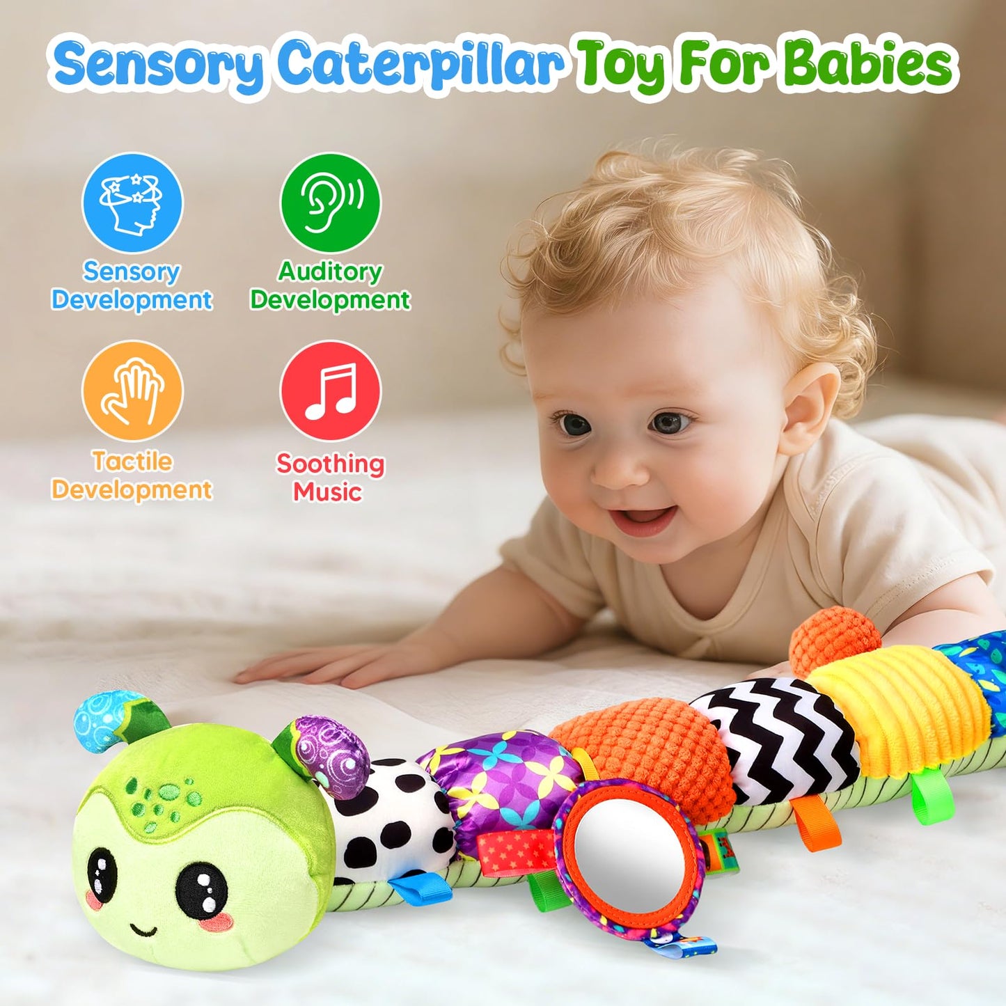 Baby Sensory Toys for 0-6 6-12 Months, Musical Stuffed Caterpillar Animal Toys for Infant 3 6 9 12 18 Months, Tummy Time Toys with Mirror Rattle Crinkle for Newborn Boys Girls Shower Gifts
