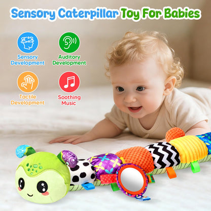 Baby Sensory Toys for 0-6 6-12 Months, Musical Stuffed Caterpillar Animal Toys for Infant 3 6 9 12 18 Months, Tummy Time Toys with Mirror Rattle Crinkle for Newborn Boys Girls Shower Gifts
