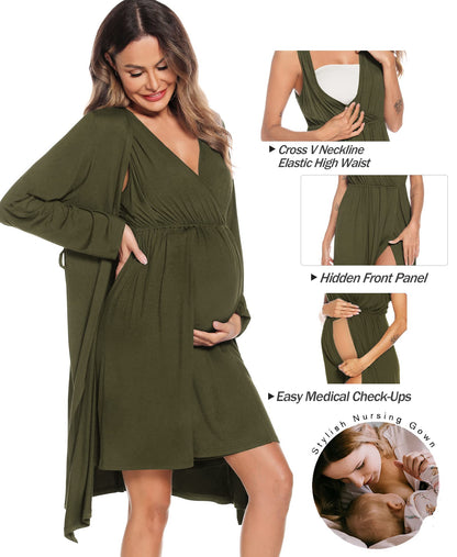 SWOMOG Women Maternity Nursing Gown and Robe Set 3 in 1 Labor Delivery Nursing Nightgown for Breastfeeding Hospital Bathrobe