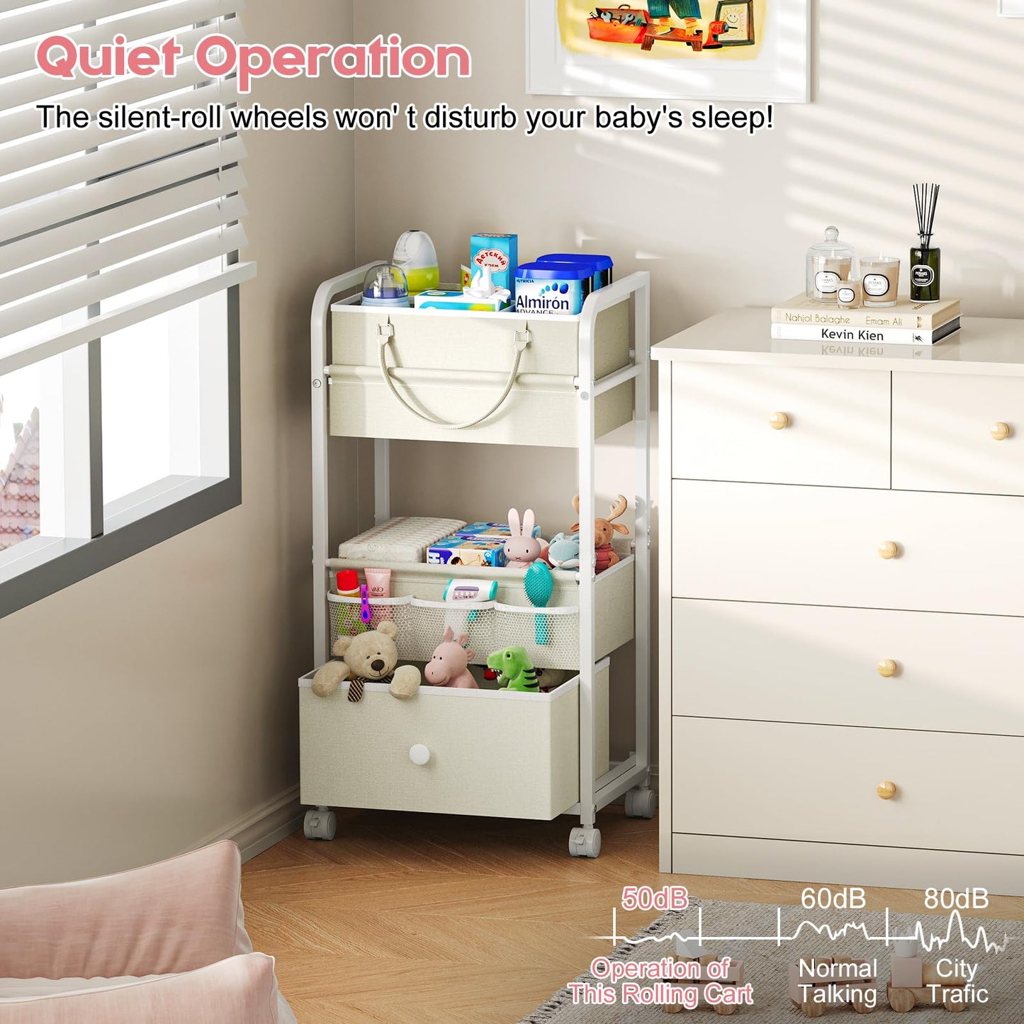 Cidaziya 2In1 Baby Diaper Caddy Organizers and Storage, 3 Tier Rolling Cart with Dividers and Drawers, Mobile Utility Cart Baby Dresser Clothes Organizer for Changing Table, Crib Nursery, Bedroom