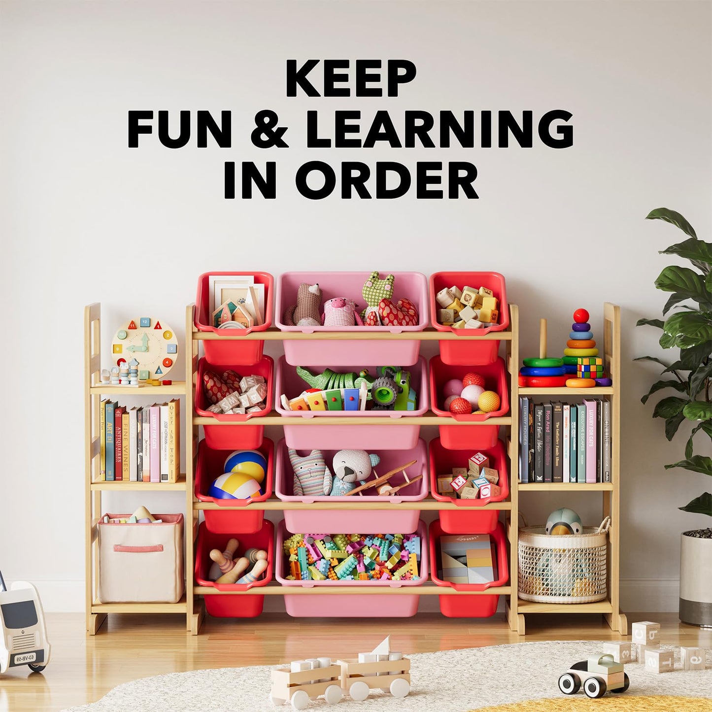 SpaceAid Toy Storage Organizer with 6 Shelves and 12 Bins, Bookshelf/Bookcase, Kids Bin Shelf, Toys Box for Playroom Organization for Bedroom & Room Decor, White, 52.3" W