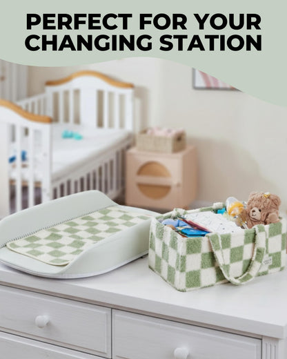 Baby Diaper Caddy Organizer with Portable Changing Mat - Teddy Fleece Diaper Organizer for Changing Table - Basket for Changing Essentials - Baby Essentials Organizer with Removable Dividers