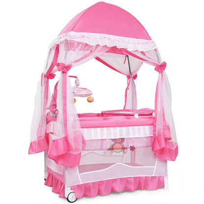 BABY JOY 4 in 1 Pack and Play with Canopy, Portable Baby Playard with Bassinet, Double-Layer Baby Crib, Wheels & Brake, Foldable Baby Girl Pink Princess Bassinet from Newborn to Toddler