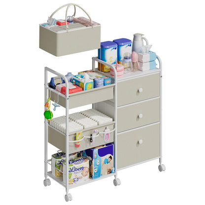 Cidaziya 2In1 Baby Diaper Caddy Organizers and Storage, 3 Tier Rolling Cart with Dividers and Drawers, Mobile Utility Cart Baby Dresser Clothes Organizer for Changing Table, Crib Nursery, Bedroom