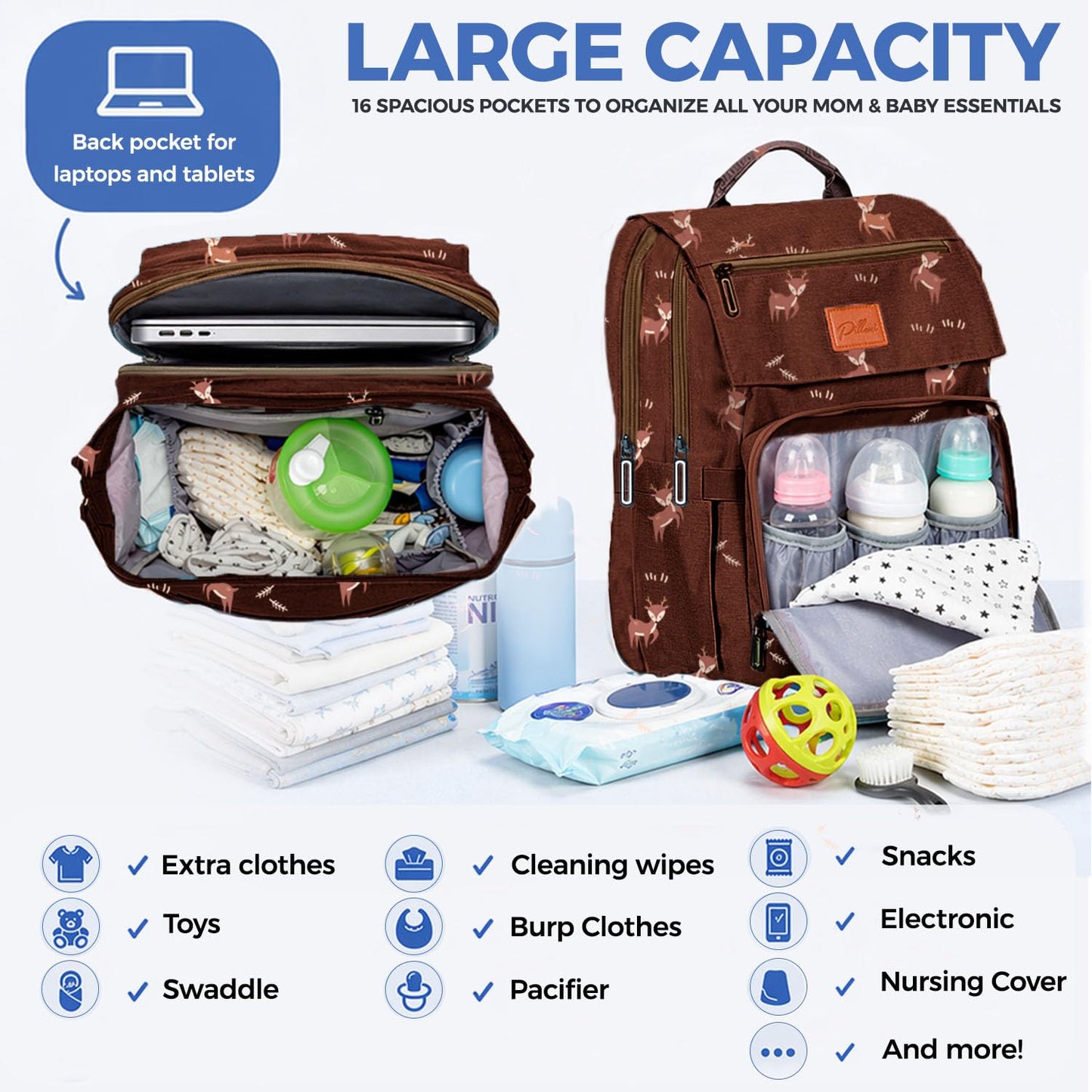 PILLANI Baby Diaper Bag Backpack - Baby Bag for Girls & Boys, Large Waterproof Toddler Diaper Backpack - Baby Shower Gifts & Registry Must Haves - Travel Diaper Bags with Changing Pad - Newborn Stuff