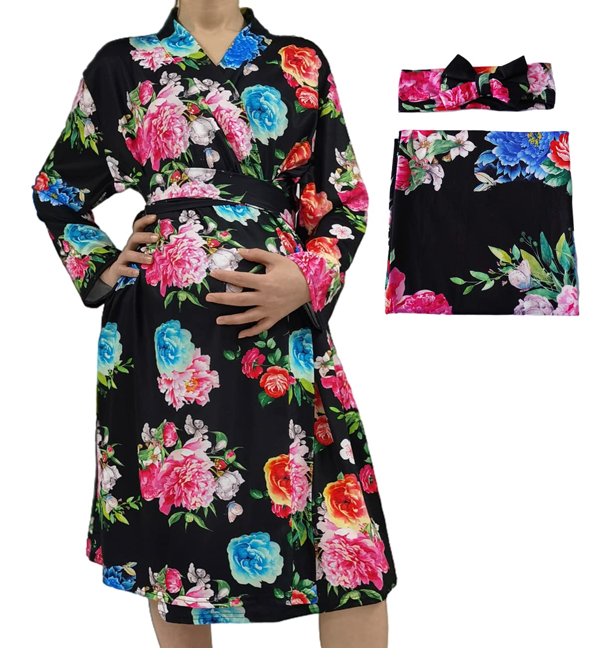 SUFEINI Maternity Robe and Matching Baby Swaddle Blanket Set, Mommy Robe with Receiving Blanket Girls Boys Sleepwear