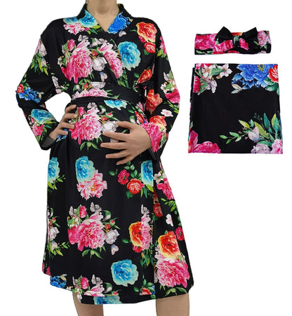 SUFEINI Maternity Robe and Matching Baby Swaddle Blanket Set, Mommy Robe with Receiving Blanket Girls Boys Sleepwear