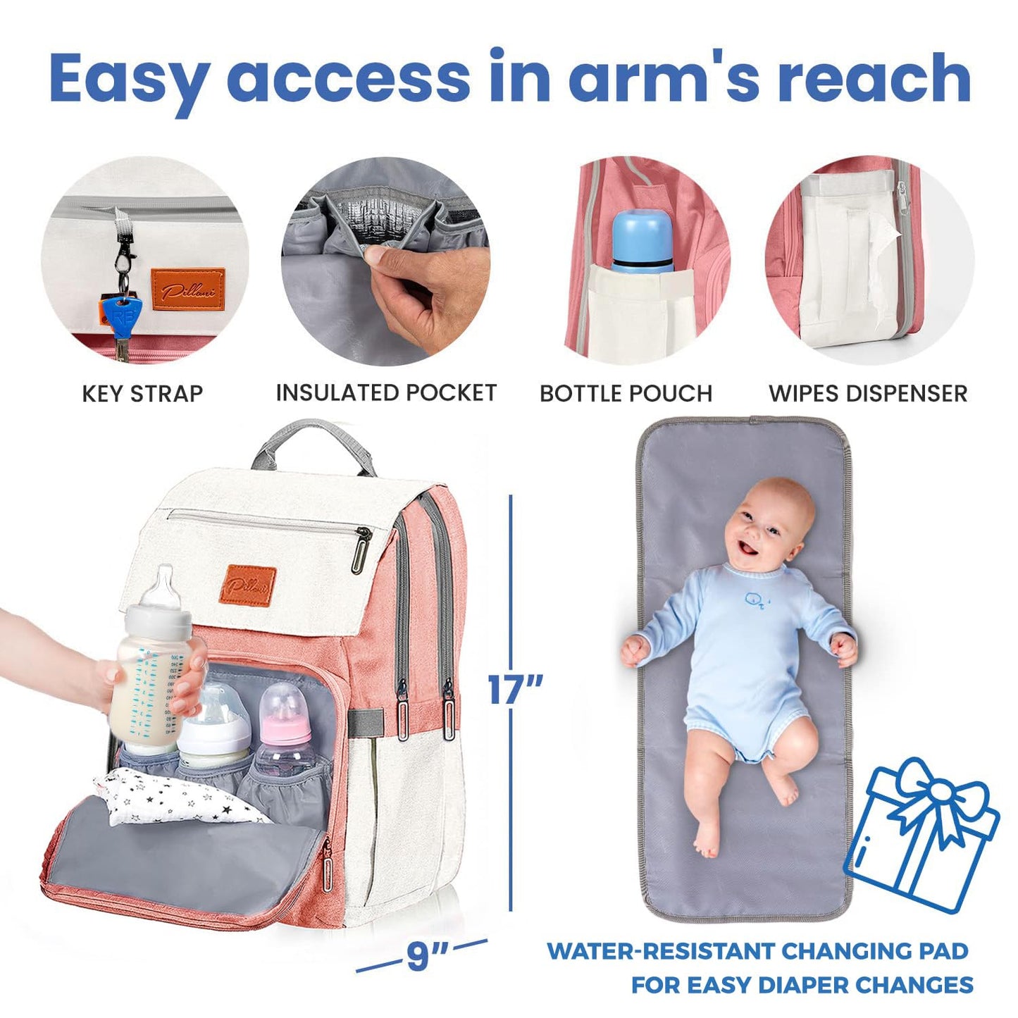 PILLANI Baby Diaper Bag Backpack - Baby Bag for Girls & Boys, Large Waterproof Toddler Diaper Backpack - Baby Shower Gifts & Registry Must Haves - Travel Diaper Bags with Changing Pad - Newborn Stuff