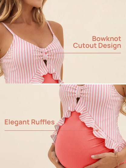 Summer Mae Maternity Swimsuit One Piece Ruffle Cutout Pregnancy Bathing Suit Lace Up Swimwear