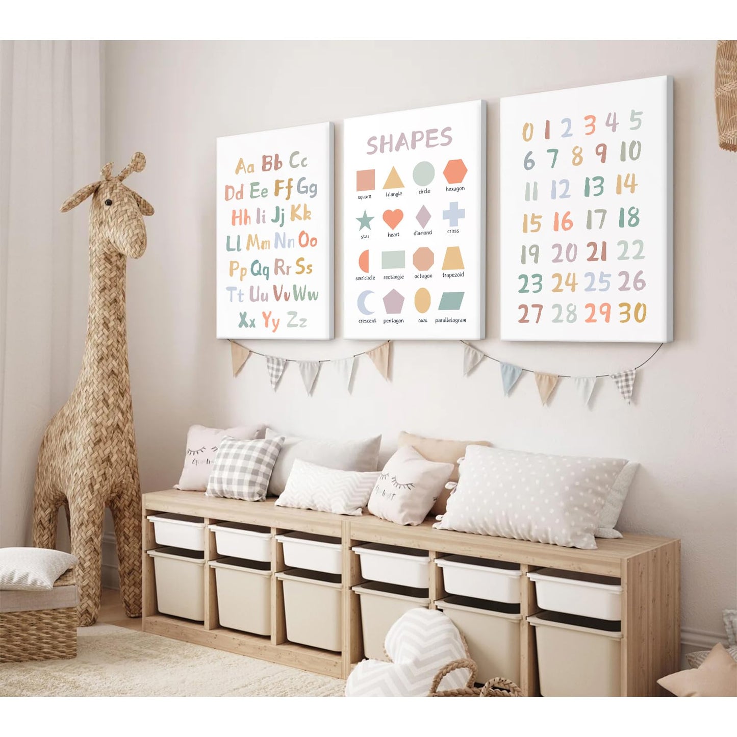 Kids Playroom Wall Art Decor Nursery ABC Alphabet Poster Play Room Canvas Wall Decor Toddler Childrens Educational Artwork Numbers Shapes Prints ABC Picture for Playroom 12x16 Inch Unframed Set of 3