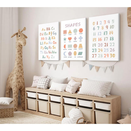 Kids Playroom Wall Art Decor Nursery ABC Alphabet Poster Play Room Canvas Wall Decor Toddler Childrens Educational Artwork Numbers Shapes Prints ABC Picture for Playroom 12x16 Inch Unframed Set of 3