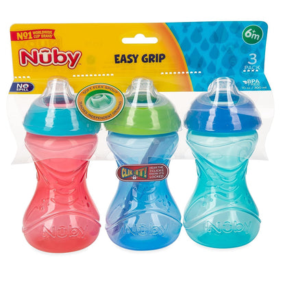 Nuby Clik-It Soft Spout No-Spill Easy Grip Sippy Cup - (3-Pack) 10 Oz - 6+ Months - Neutral