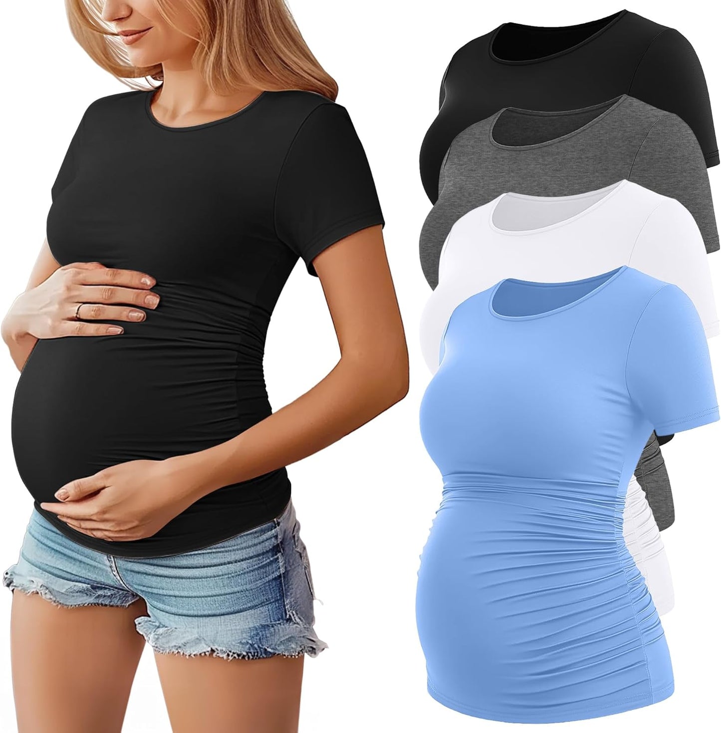 Huukeay 4 Pack Women's Maternity Shirts, Crew Neck Maternity Top Short Sleeve Casual Cotton Tee Side Ruched Pregnancy Clothes