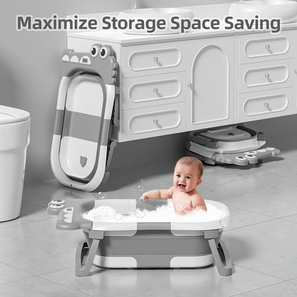 MoreFeel Collapsible Baby Bathtub for Newborn with Thermometer & 1 Hooded Towel & 1 Soft Floating Cushion,Portable Travel Bathtub with Drain Hole, Durable Foldable Baby Tubs for Infants to Toddler
