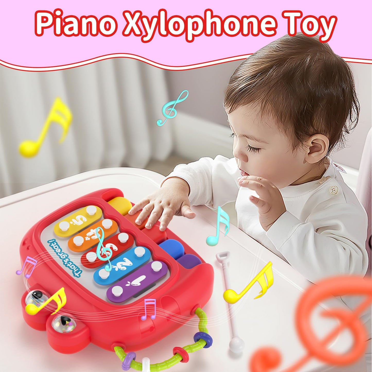 usrela 4 in 1 Baby Toys for 6 12 18 Month, Learning Toys for Babies 6-12 Months, Busy Cube, Stacking Sorter, Piano Xylophone Pull String Travel Toy, Birthday Gifts for Toddlers 1 2 Years Old