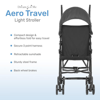 Dream On Me Aero Travel Umbrella Stroller, One-Hand Quick Fold, 3-Point Safety Harness, Dual Brakes, Adjustable Removable Canopy, Lightweight Compact & Space-Saving for Infants and Toddlers – Black