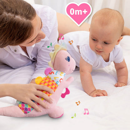 Baby Dino Plush Soft Stuffed Animal Toy for 0-3-6-12+ Months,Infant Musical Toy with Rattle,Squeaker,Sensory Crinkle,Teether & Textures,Tummy Time Toys Christmas Baby Gift for Newborn Girl Boy (Blue)