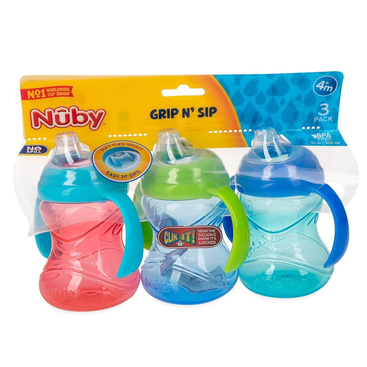 Nuby Clik-It Grip N' Sip Soft Spout No-Spill Training Sippy Cup with Handles - (3-Pack) 10 oz - 4+ Months - Aqua/Purple/Pink