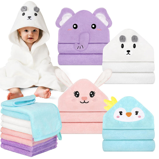 12 PCS Baby Bath Towels Set for Infants Toddlers, 4 PCS Animal Hooded Baby Towels & 8 PCS Washcloths Set, Ultra Absorbent Cute Soft Newborn Bath Essentials Gifts for Boys & Girls