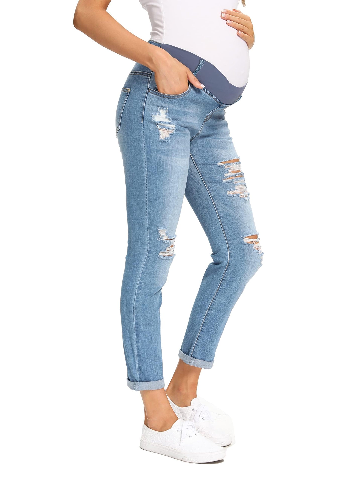 Foucome Women's Maternity Jeans Stretch Ripped Boyfriend Jeans Pregnancy Denim Pants with Pockets