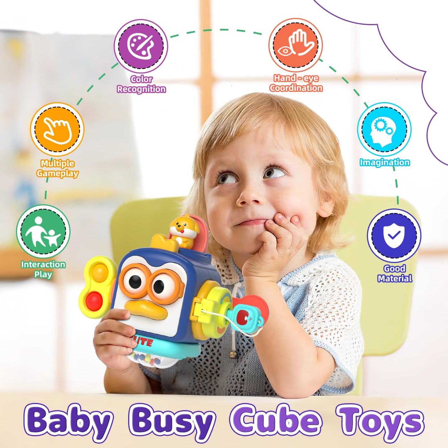 usrela 4 in 1 Baby Toys for 6 12 18 Month, Learning Toys for Babies 6-12 Months, Busy Cube, Stacking Sorter, Piano Xylophone Pull String Travel Toy, Birthday Gifts for Toddlers 1 2 Years Old