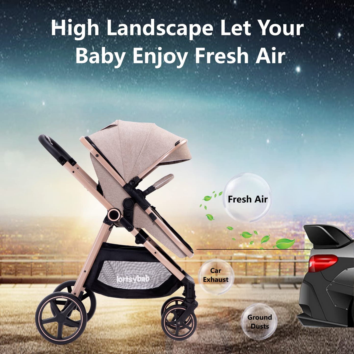 Lortsybab 2-in-1 Baby Stroller - Folding Infant Newborn Pram Stroller with Reversible Seat - Toddler Strollers for 0-36 Months Old Babies (Beige)
