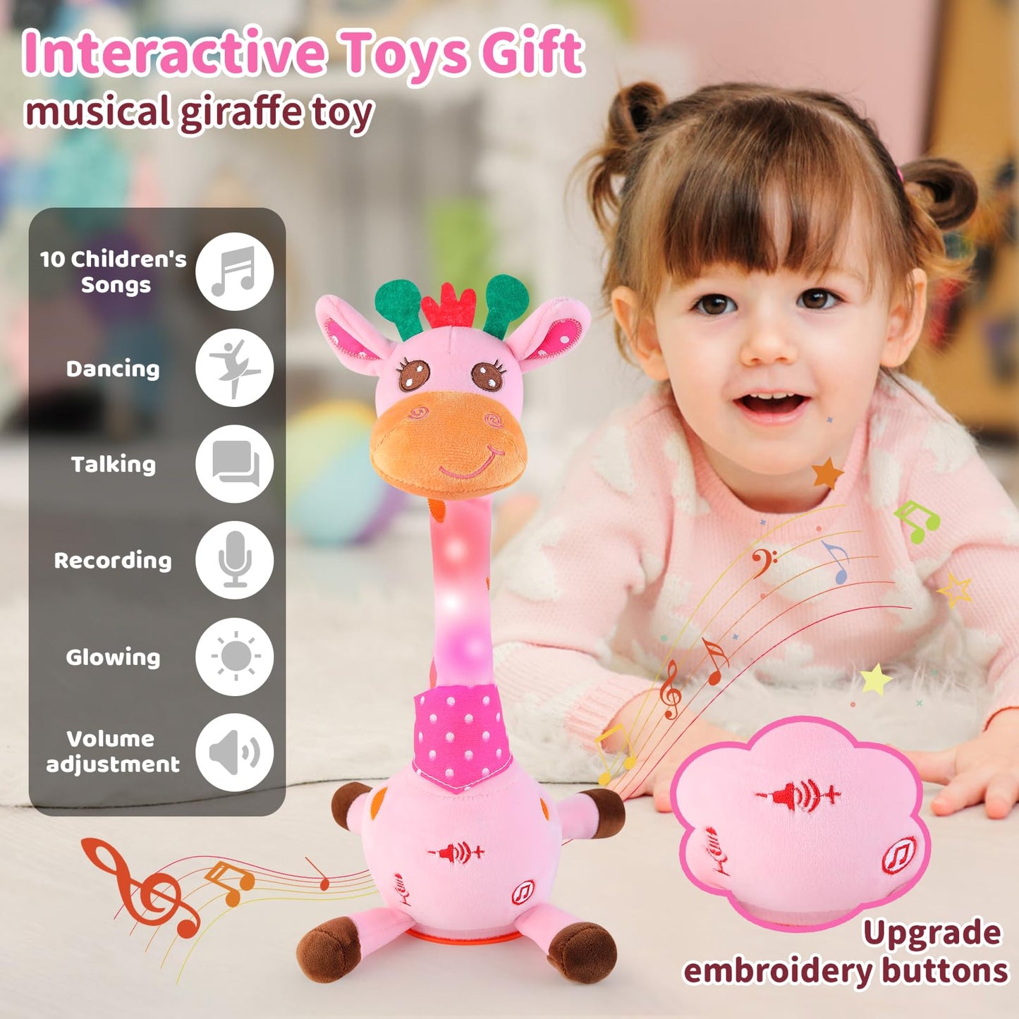 Emoin Dancing Talking Giraffe Baby Toy, Adjustable Volume Baby Giraffe Toys Singing 10 Children's Songs Singing Mimicking Recording Repeating What You Say for Toddlers