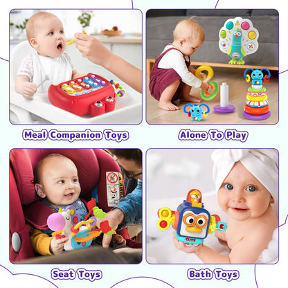 usrela 4 in 1 Baby Toys for 6 12 18 Month, Learning Toys for Babies 6-12 Months, Busy Cube, Stacking Sorter, Piano Xylophone Pull String Travel Toy, Birthday Gifts for Toddlers 1 2 Years Old