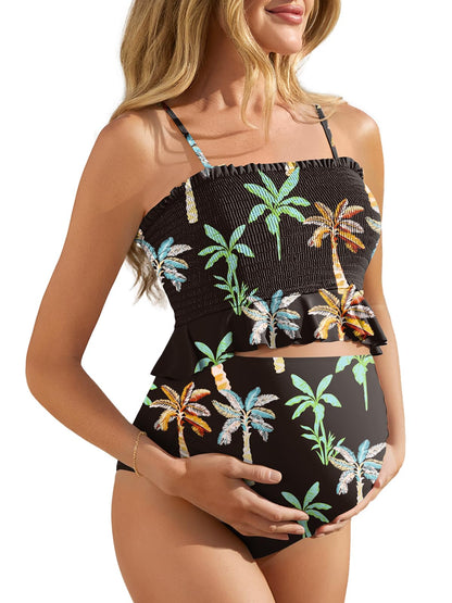 Summer Mae Maternity High Waist Swimsuit Ruffle Hem Bikini Bathing Suit Shirred Bandeau Two Piece Pregnancy Swimwear