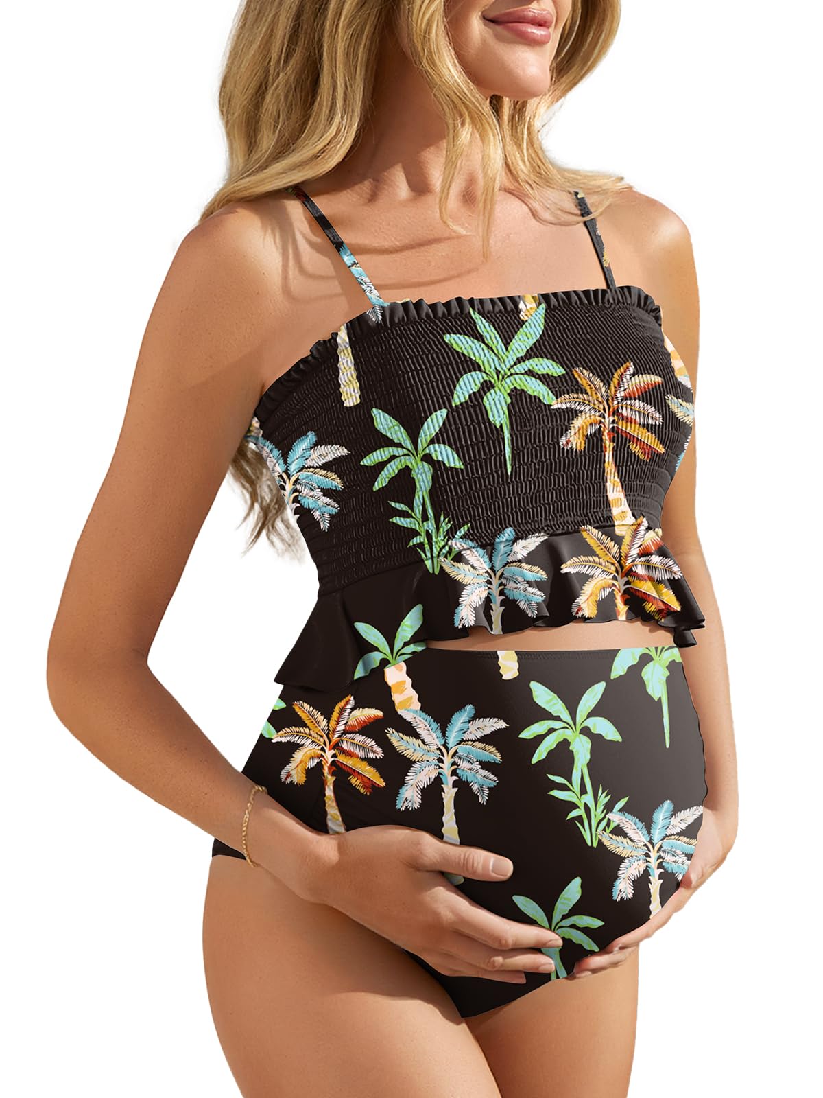 Summer Mae Maternity High Waist Swimsuit Ruffle Hem Bikini Bathing Suit Shirred Bandeau Two Piece Pregnancy Swimwear
