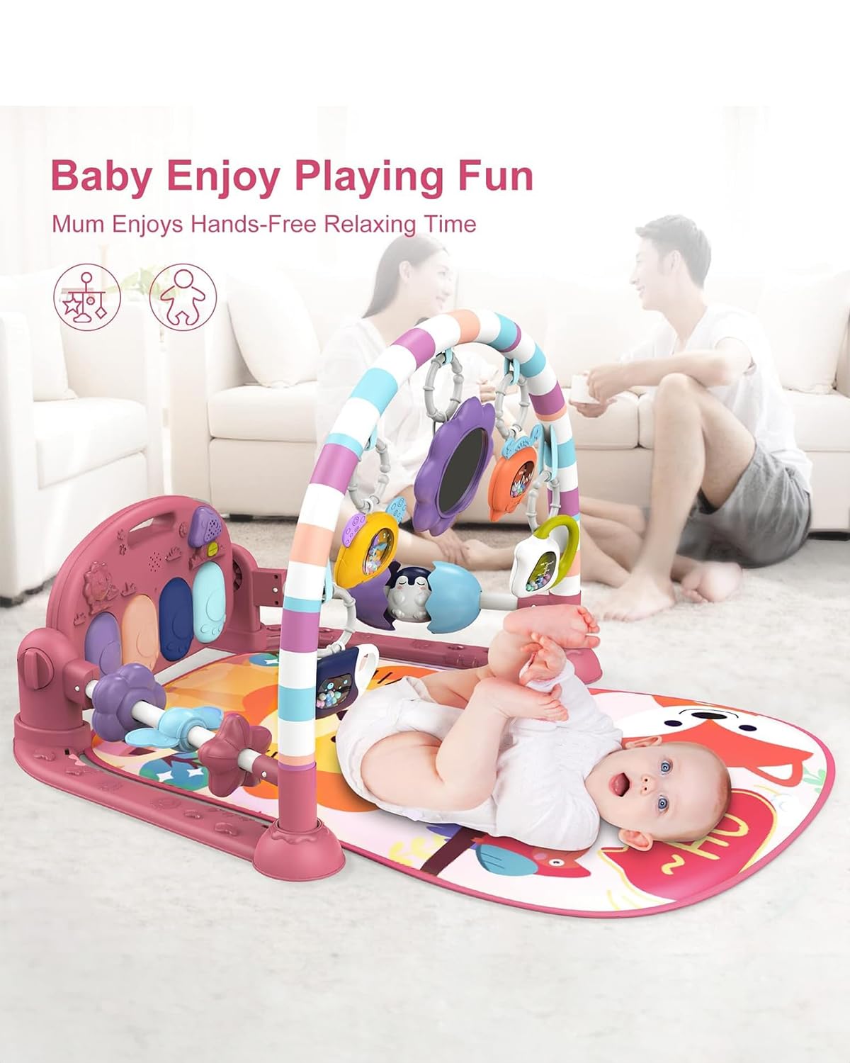 dearlomum Baby Play Mat Gym, Funny Play Piano Tummy Time Activity Mat with 5 Infant Sensory Toys, Music and Lights, Boy & Girl Gifts for Newborns 0 to 3 6 9 12 Months (Pink)