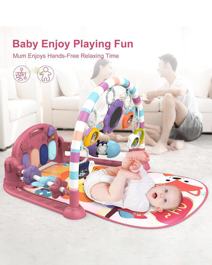 dearlomum Baby Play Mat Gym, Funny Play Piano Tummy Time Activity Mat with 5 Infant Sensory Toys, Music and Lights, Boy & Girl Gifts for Newborns 0 to 3 6 9 12 Months (Pink)