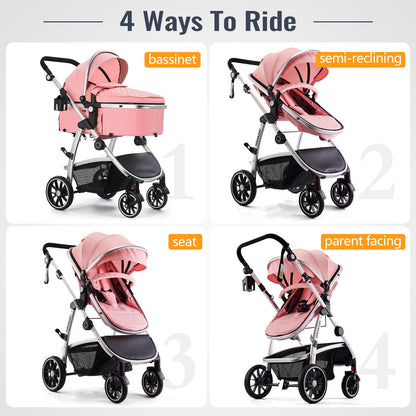 Hagaday Baby Stroller, 2-in-1 Reversible Toddler Seat with Bassinet Mode, Foldable Infant Stroller with Canopy, One Button Brake, Adjustable Handle, Newborn Pushchair(Blue)