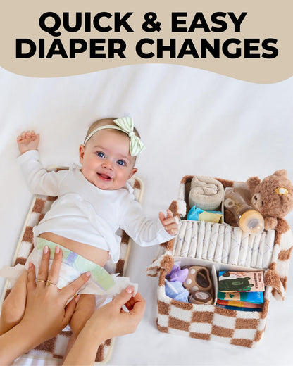 Baby Diaper Caddy Organizer with Portable Changing Mat - Teddy Fleece Diaper Organizer for Changing Table - Basket for Changing Essentials - Baby Essentials Organizer with Removable Dividers