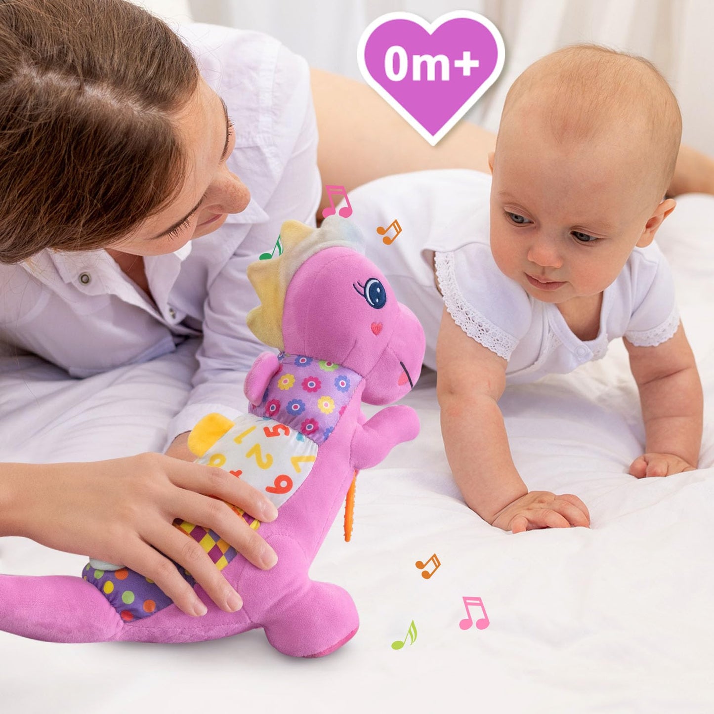 Baby Dino Plush Soft Stuffed Animal Toy for 0-3-6-12+ Months,Infant Musical Toy with Rattle,Squeaker,Sensory Crinkle,Teether & Textures,Tummy Time Toys Christmas Baby Gift for Newborn Girl Boy (Blue)
