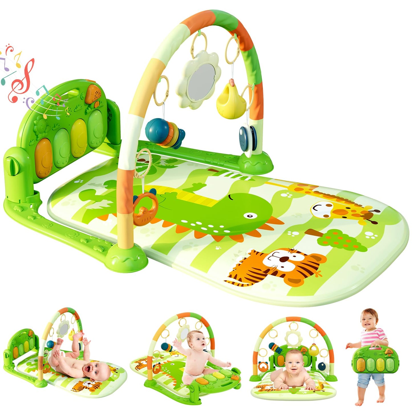 dearlomum Baby Play Mat Gym, Funny Play Piano Tummy Time Activity Mat with 5 Infant Sensory Toys, Music and Lights, Boy & Girl Gifts for Newborns 0 to 3 6 9 12 Months (Pink)