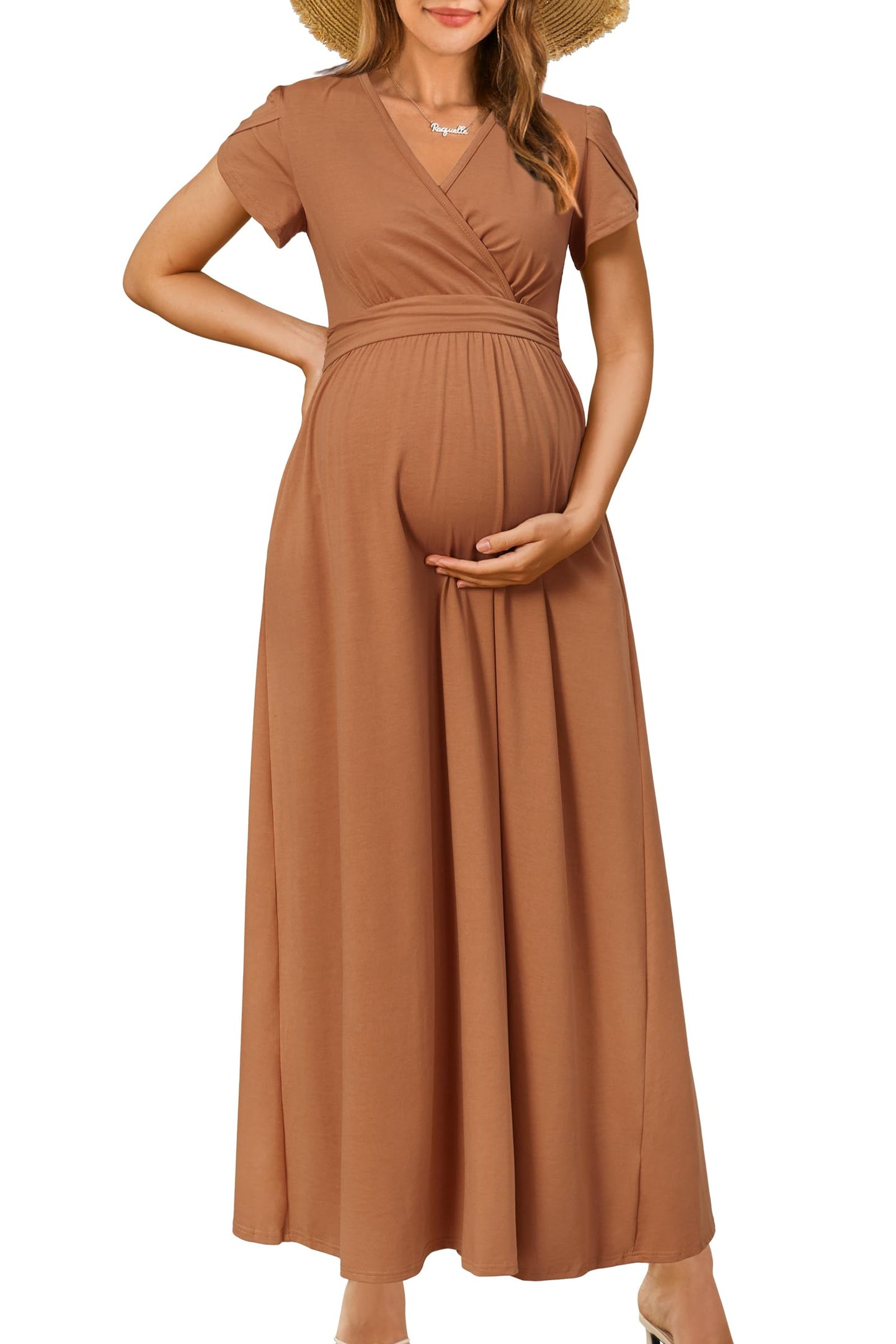 OUGES Maternity Maxi Dress Wrap Baby Shower Pregnancy Dresses for Photoshoot Maternity Outfits Summer Clothes 2026
