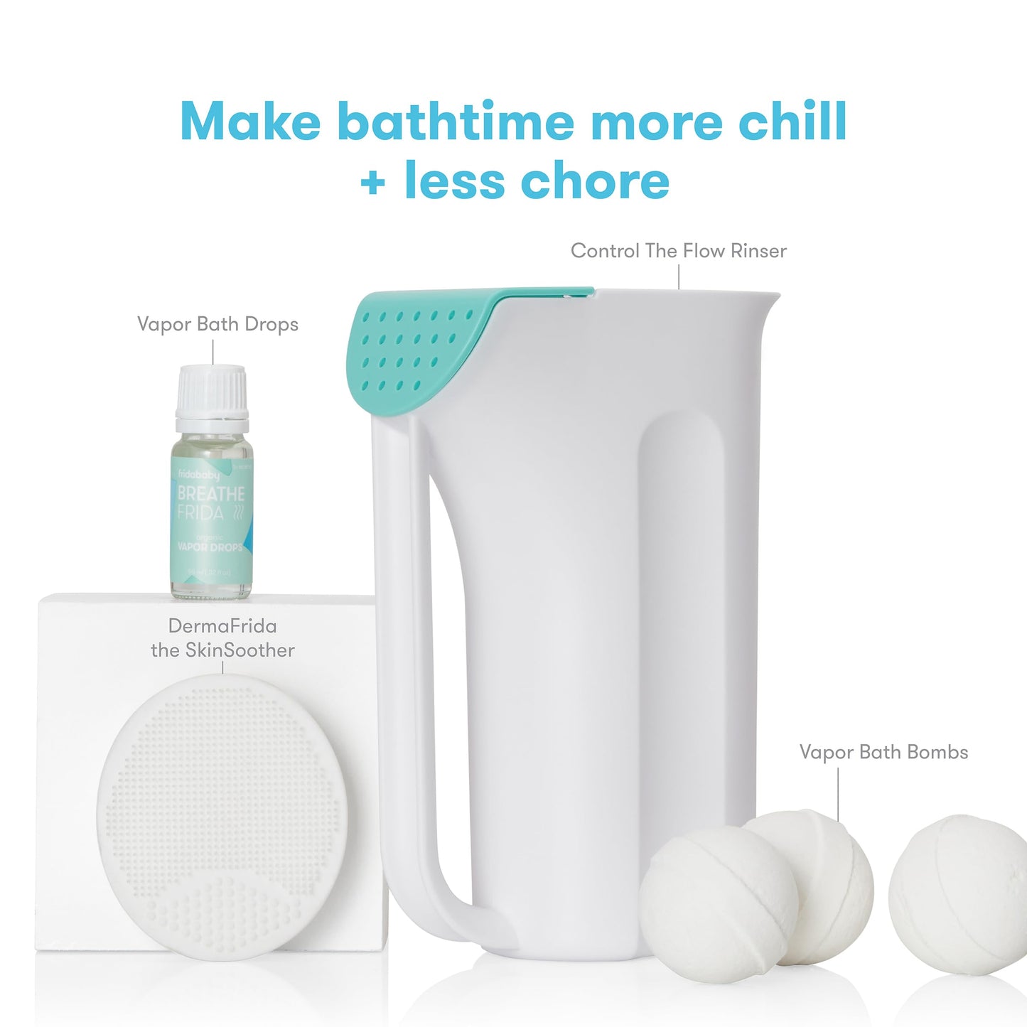 Frida Baby Control The Flow Bath Rinse Cup, Tear Free Rinser to Wash Hair and Body with Easy Grip Handle and Removable Rain Shower, Made in USA