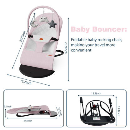 Portable Baby Bouncer Seat for Infants, 0-18 Months, 3 Modes of Use with Rocker & Stationary Options, Ergonomic Infant Chair with Hanging Toys – Grey