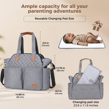 Lekebaby Diaper Bag Tote, 17 Pockets Large Travel Diaper Tote Waterproof with Portable Changing Pad, Mom Crossbody Hospital Bag for Labor Delivery, Baby Essentials for Newborn Gifts, Grey