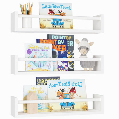 Fixwal Nursery Book Shelves, 16.5 Inch Floating Bookshelves for Wall Set of 3, Baby Nursery Decor, Solid Wood Wall Mounted Shelves for Books, Toys and Decor Storage (Brown)