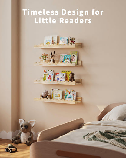 Shario Nursery Book Shelves, 4-Pack White Floating Shelves for Wall Kids, Scalloped Shelves, Wall Book Shelves for Bedroom Kids, Toddler Room, Baby Room, Nursery Decor