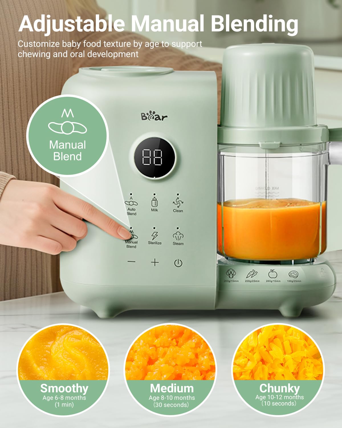 Bear Baby Food Maker with 18.5oz Dual-Layer Steam Baskets, OneStep Baby Food Processor Steamer Puree Blender Grinder Mills, Auto Cooking Grinding&Sterili-zing for Healthy Homemade Baby Food, BPA-Free