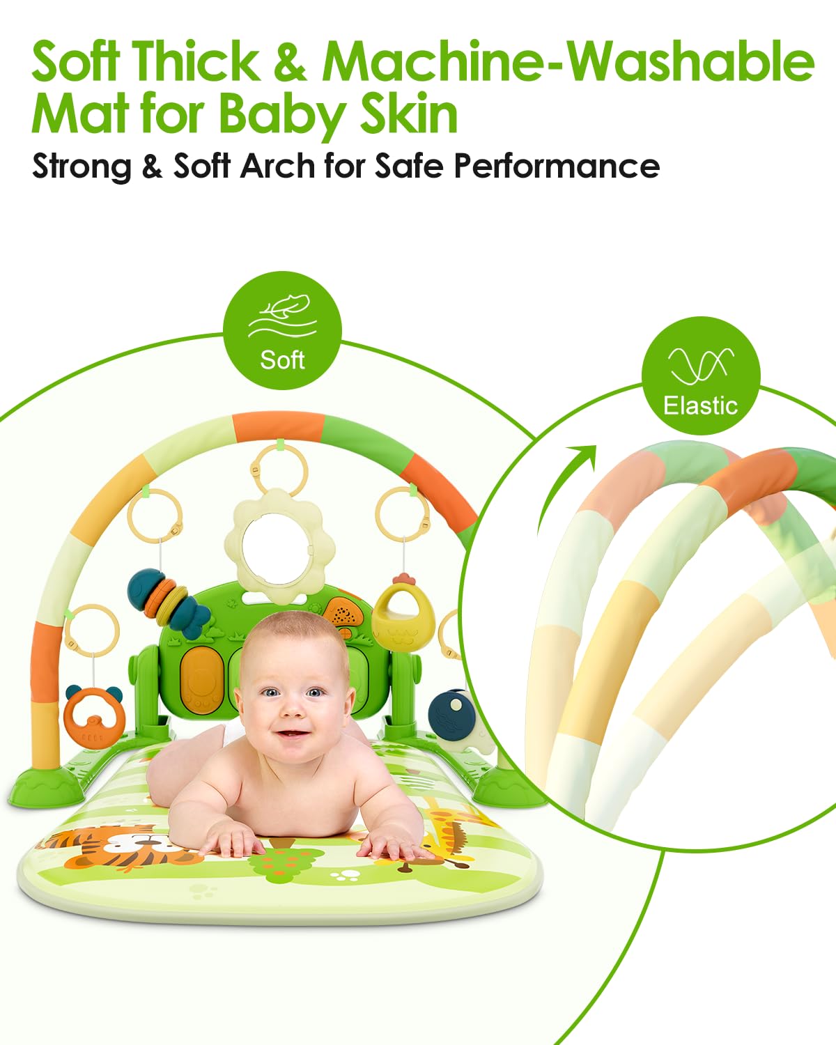dearlomum Baby Play Mat Gym, Funny Play Piano Tummy Time Activity Mat with 5 Infant Sensory Toys, Music and Lights, Boy & Girl Gifts for Newborns 0 to 3 6 9 12 Months (Pink)