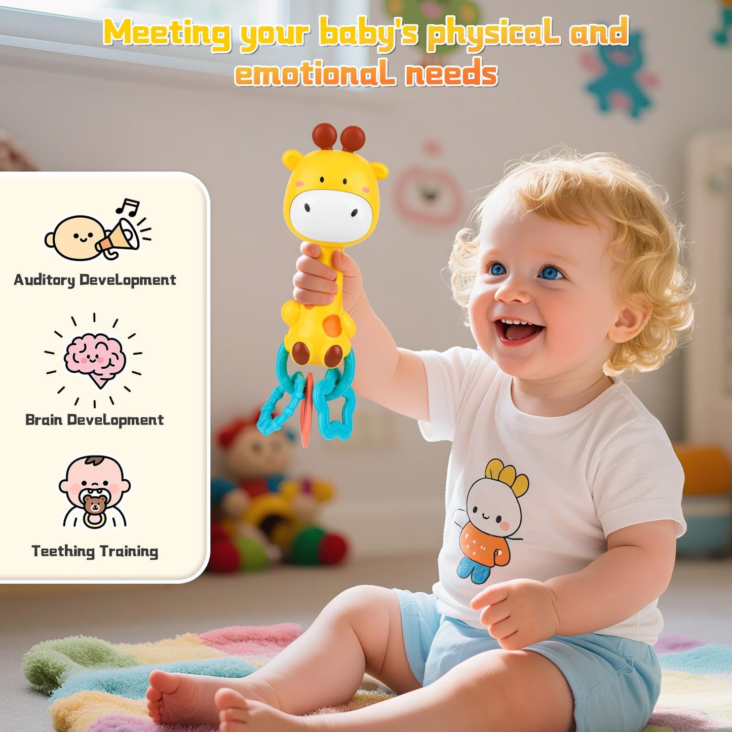 Musical Baby Rattle Toy, Soft Silicone Infant Teething Light-Up Rattle for Sensory Development, Easy Grasp Newborn Toy for 0-3-6-12 Months, Safe Early Learning Gift for Boys Girls